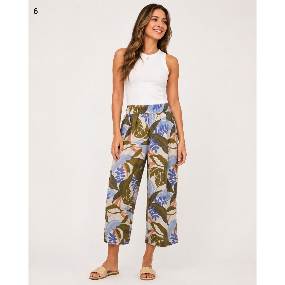Tahari Wide Leg Lounge Beachy Pants Womens Small White Green Tropical Linen